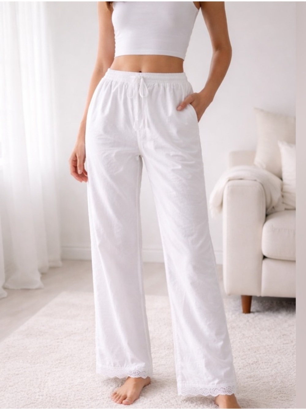 Piyama White Lace Cotton Tencel Modal Blend Pajama Pants Size XXL